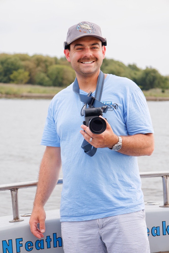 Justin, professional soup eater and documentarian, on the Chesapeake with his cinema camera